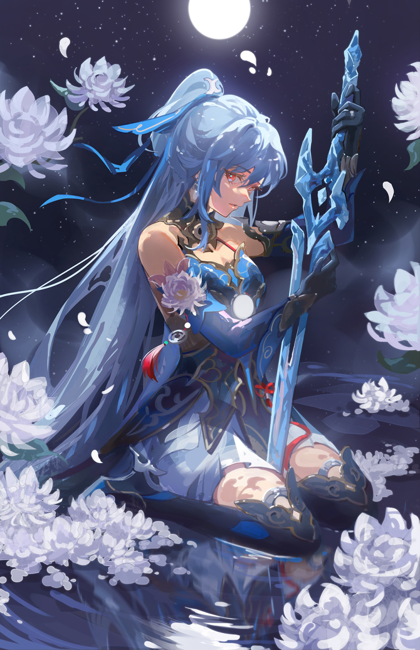1girl, bare_shoulders, black_gloves, blue_dress, blue_sleeves, breasts, chinese_clothes, crystal_sword