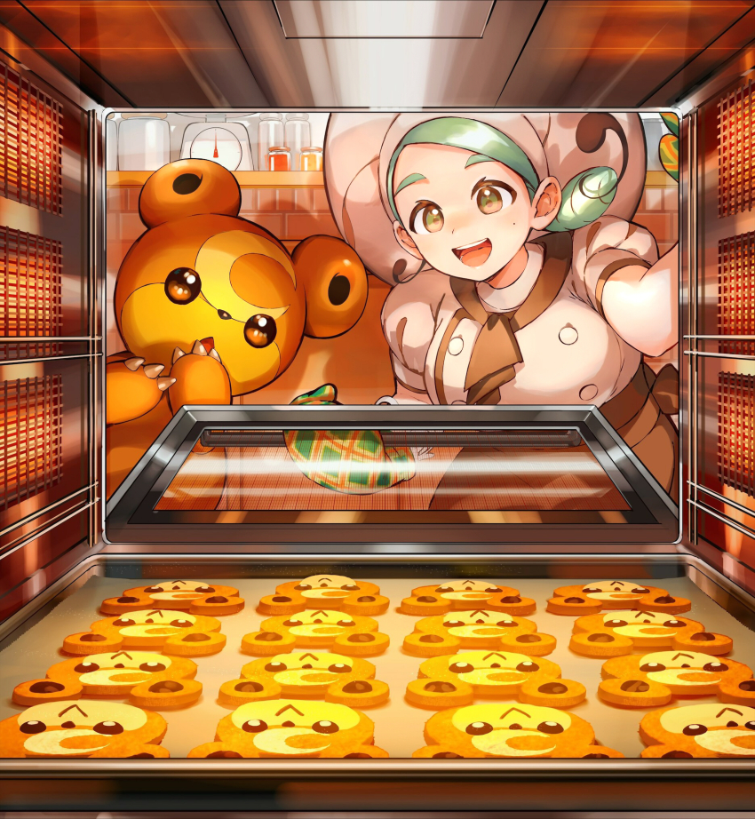 1girl, :d, ascot, baking_sheet, brown_ascot, brown_skirt, buttons, commentary_request, cookie, drill_hair, food, gen_2_pokemon, glass, green_hair, hat, highres, holding, indoors, katy_(pokemon), looking_down, mittens, nintendo, open_mouth, orange_mikan, oven_interior, pokemon, pokemon_(creature), pokemon_scarlet_and_violet, shirt, short_sleeves, skirt, smile, teddiursa, themed_object, tongue