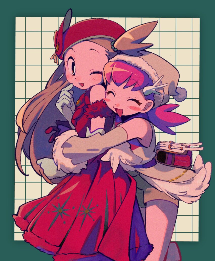 2girls, :d, ;d, bag, beret, blush, border, bright_pupils