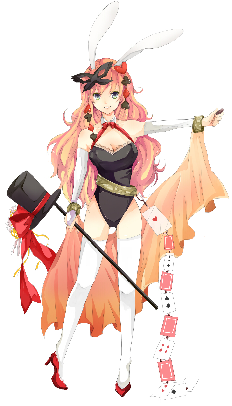 1girl, animal_ears, artistic_error, bad_id, bad_pixiv_id, cane, card, diamond_(gemstone), diamond_(shape), elbow_gloves, fake_animal_ears, female_focus, gloves, green_eyes, hat, heart, high_heels, highres, mask, original, playboy_bunny, rabbit_ears, red_hair, shishina, shoes, solo, spade, thighhighs, top_hat, weapon