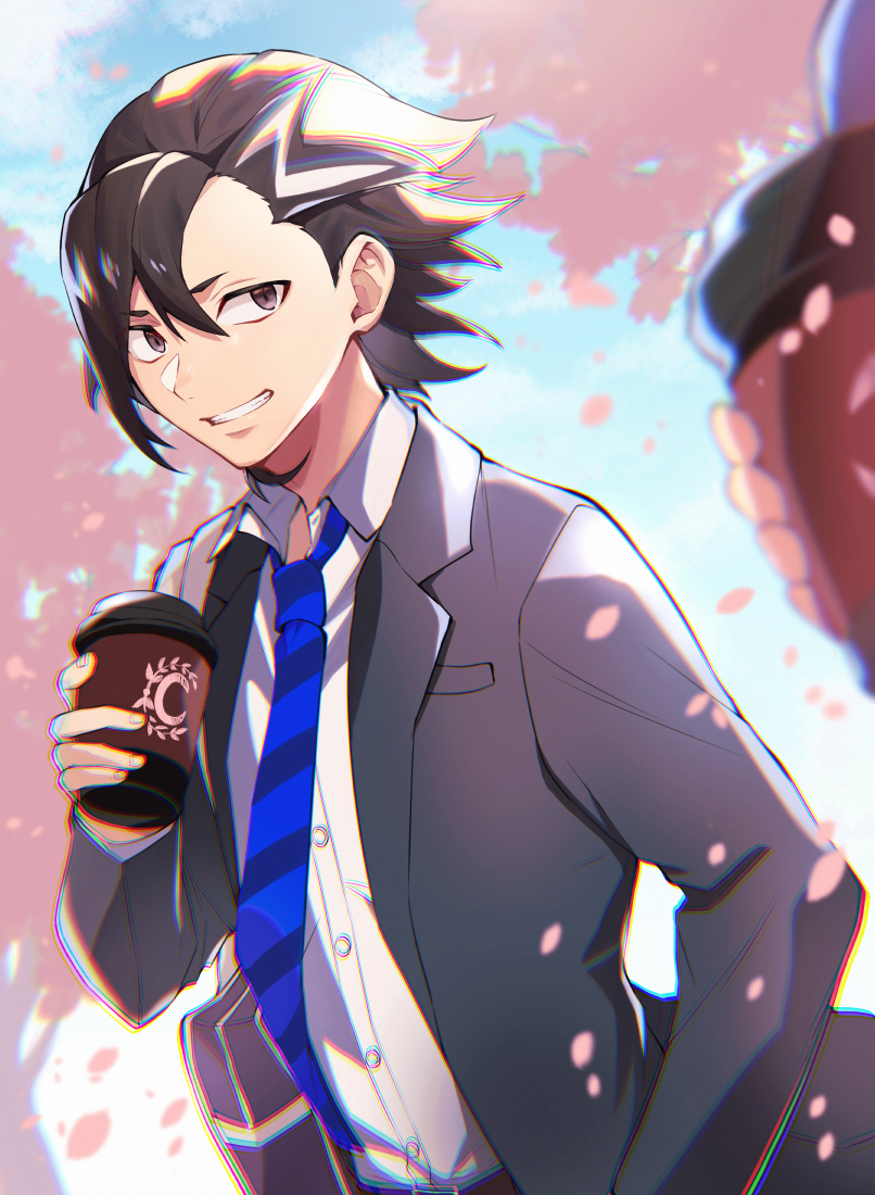 1boy, 1other, alternate_costume, black_hair, blue_necktie, brown_eyes, cherry_blossoms, coffee