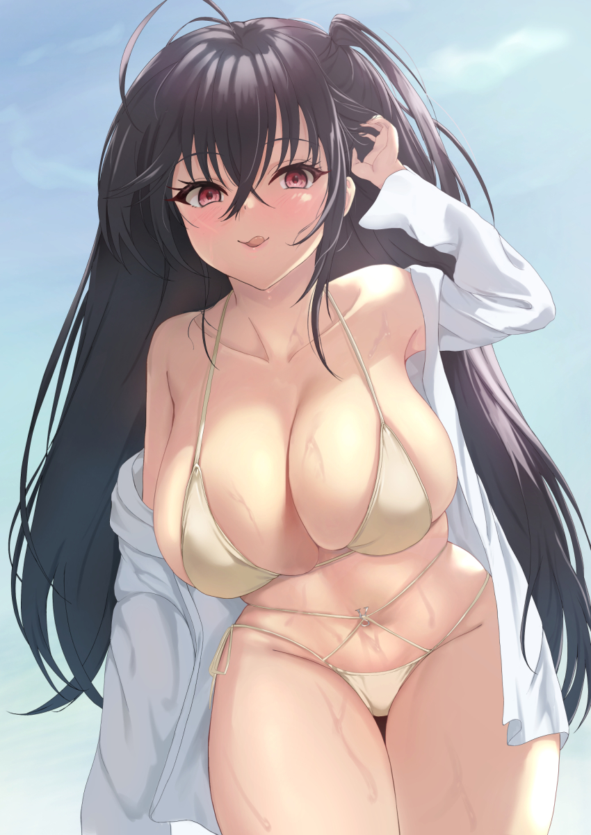 1girl, azur_lane, bikini, black_hair, blue_sky, breasts, cleavage, cowboy_shot