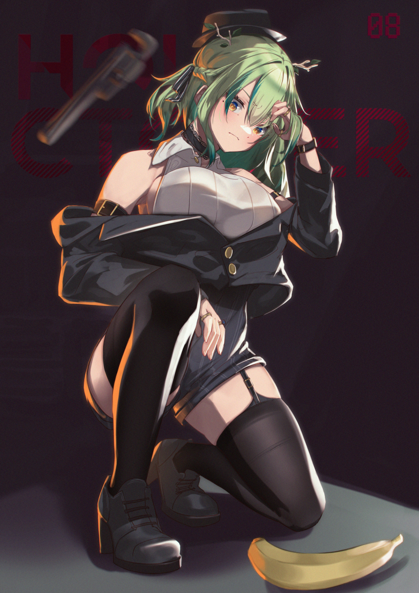 1girl, absurdres, angry, antlers, bare_shoulders, black_choker, black_footwear, black_garter_straps, black_hat, black_jacket, black_ribbon, black_thighhighs, breasts, ceres_fauna, choker, collared_shirt, fedora, frown, gangster, garter_straps, gradient_hair, green_hair, grey_shorts, hair_ribbon, hat, high-waist_shorts, high_heels, highres, hololive, hololive_english, horns, jacket, jewelry, lace-trimmed_choker, lace_trim, large_breasts, long_hair, looking_at_viewer, mafia, marc_knelsen, midorimae, mole, mole_under_eye, multicolored_hair, multiple_rings, pinstripe_pattern, pinstripe_shorts, ribbed_shirt, ribbon, ring, scowl, shirt, shorts, sleeveless, sleeveless_shirt, solo, striped, thighhighs, thighs, two_side_up, virtual_youtuber, white_shirt, yellow_eyes