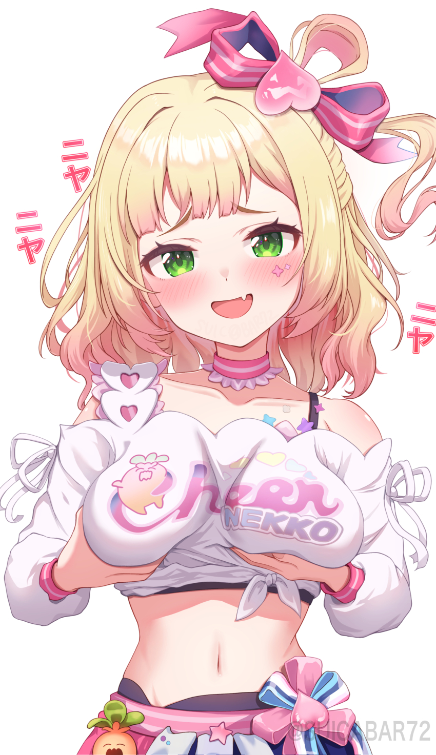 1girl, artist_name, blonde_hair, blush, bow, breast_lift, breasts, choker