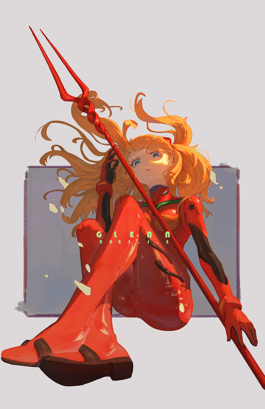 1girl, absurdres, bident, blue_eyes, bodysuit, glenn_(pixiv_51667782), highres, lance_of_longinus_(evangelion)