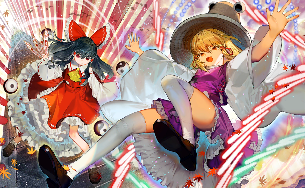 2girls, ascot, autumn_leaves, bare_shoulders, between_fingers, black_footwear, black_hair, blonde_hair