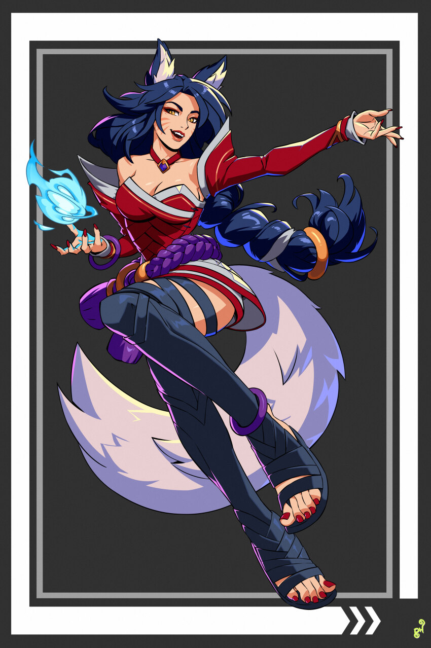 1girl, 2xko, absurdres, ahri_(league_of_legends), animal_ear_fluff, animal_ears, anklet, artist_logo, bare_shoulders, blue_hair, boots, bracelet, braid, braided_ponytail, breasts, brown_eyes, cleavage, collarbone, commentary, detached_sleeves, dress, english_commentary, eyelashes, facial_mark, fangs, feet, forehead, fox_ears, fox_girl, fox_tail, full_body, grey_background, highres, jewelry, large_breasts, league_of_legends, leaning_to_the_side, legs, lips, logo, long_hair, long_sleeves, looking_at_viewer, low-tied_long_hair, mohoshadream, nail_polish, outstretched_arm, red_dress, red_nails, red_sleeves, sandals, short_dress, sidelocks, slit_pupils, solo, strapless, strapless_dress, tail, thigh_boots, thighs, toenail_polish, toenails, toes