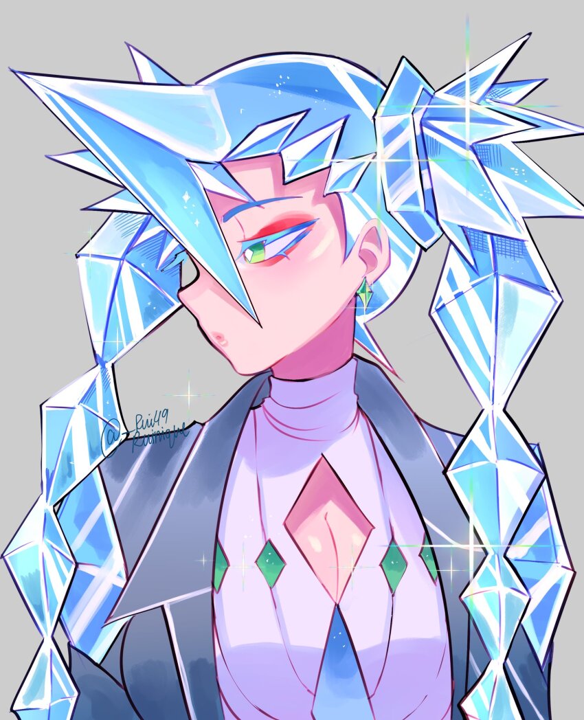 1girl, cleavage_cutout, clothing_cutout, colored_eyelashes, diamond_(shape), earrings, green_eyes, hair_between_eyes