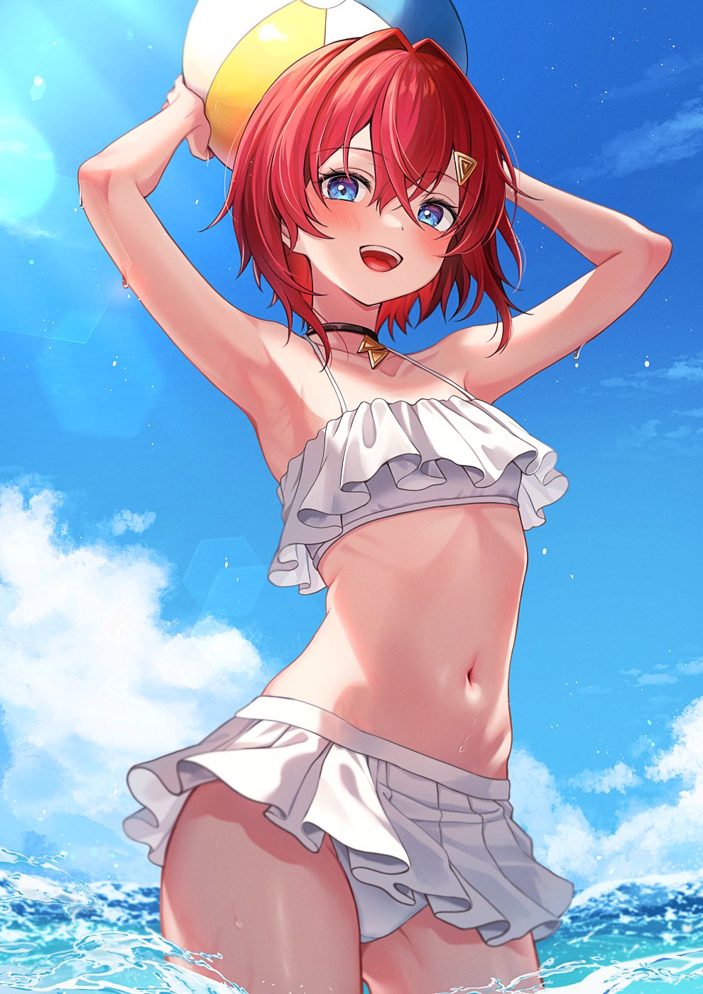 1girl, ange_katrina, ball, beachball, bikini, black_choker, blue_eyes, blush