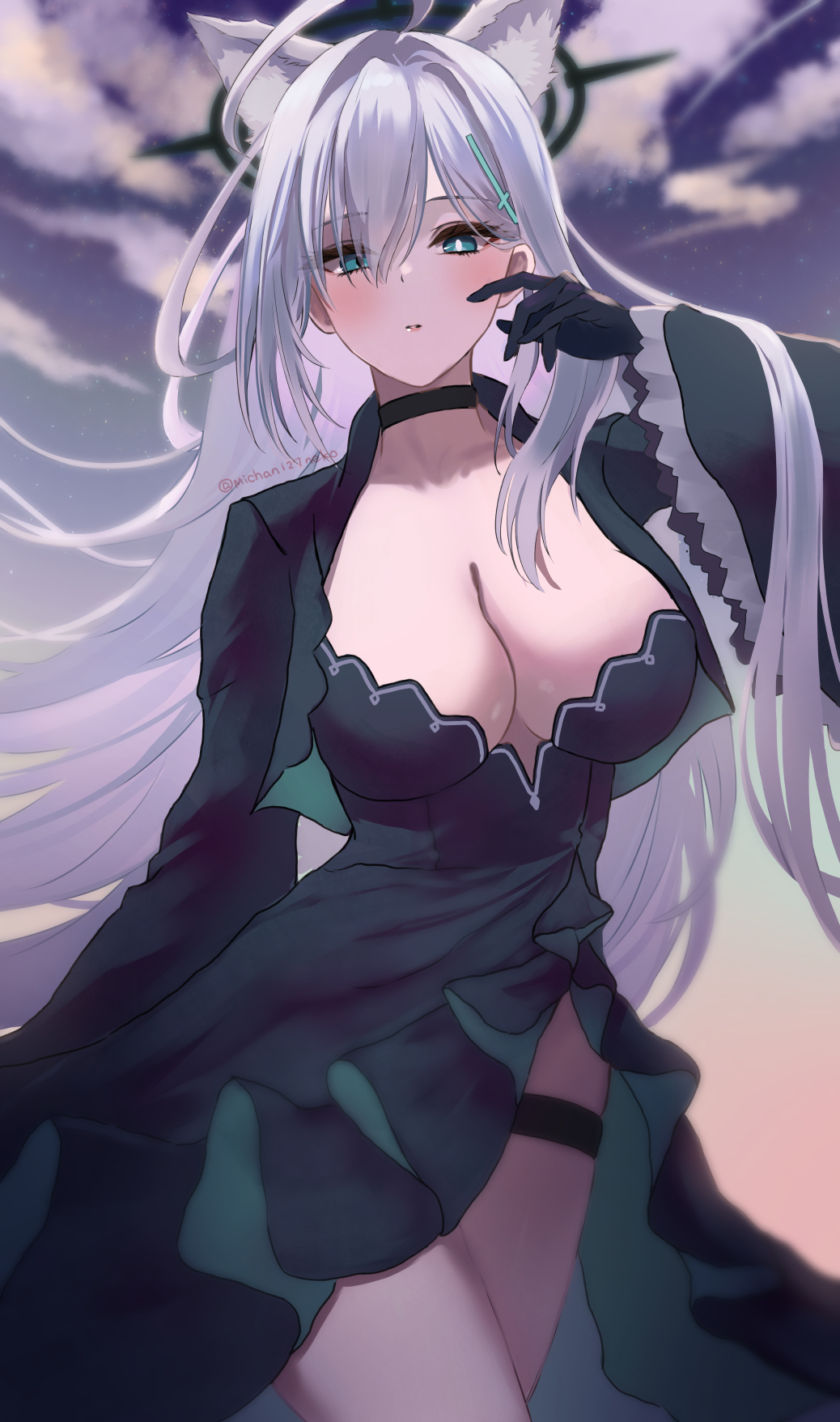 1girl, animal_ears, arm_behind_back, black_choker, black_dress, black_gloves, black_halo, black_straps