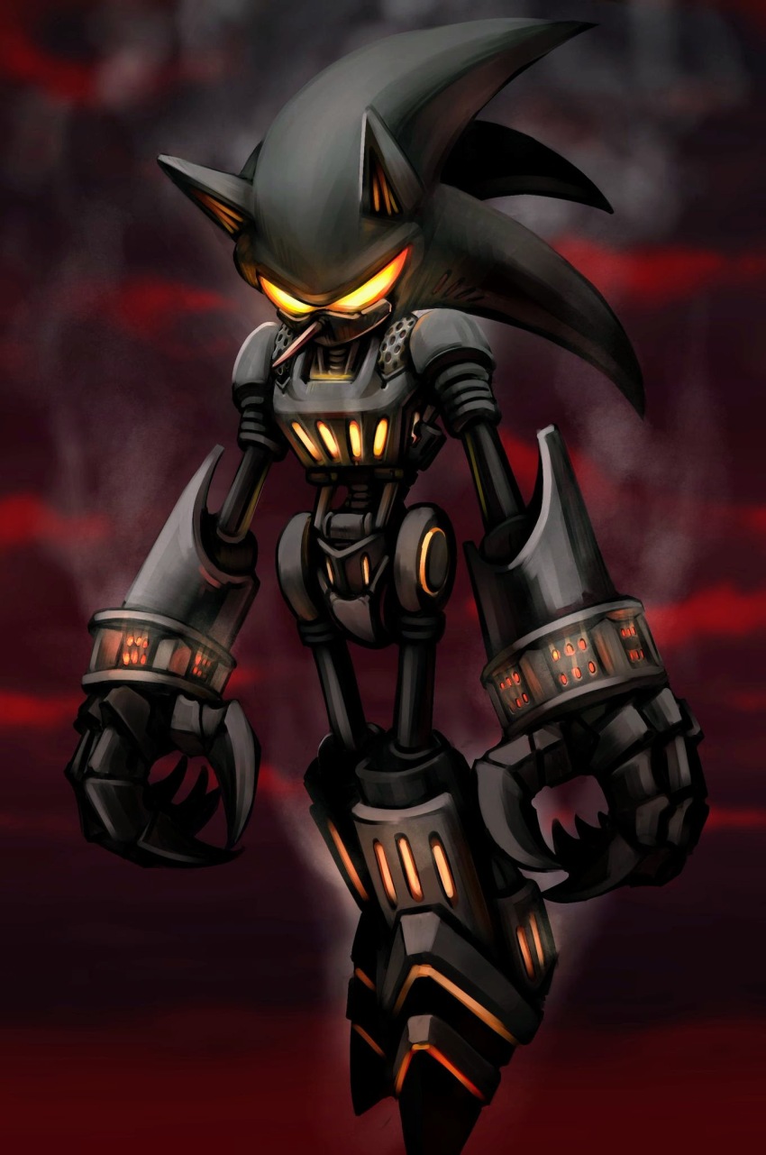 animal_ears, claws, fire, furnace_(sonic.exe), highres, joints, looking_at_viewer, mecha_sonic