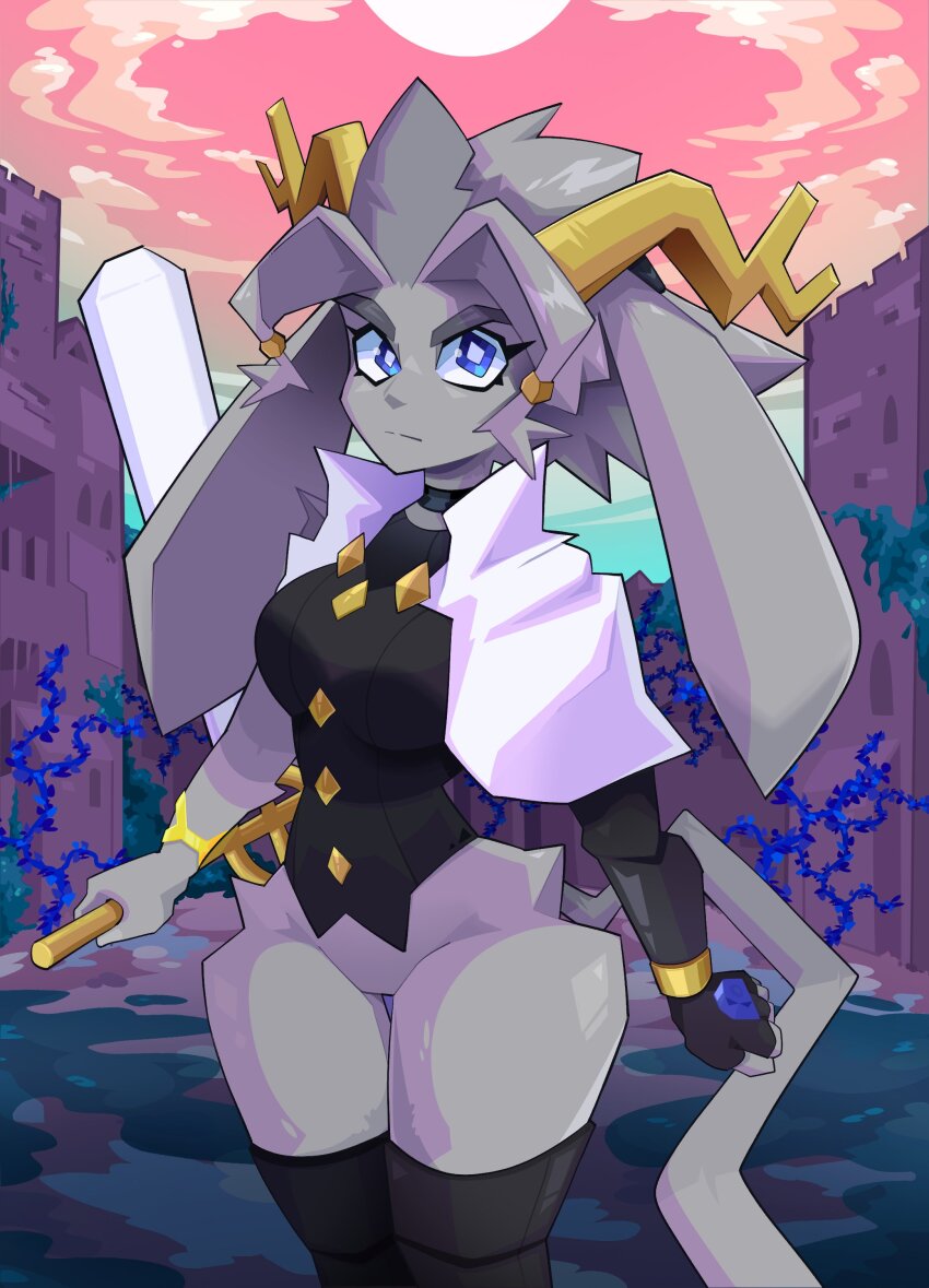 1girl, absurdres, animal_ears, animal_nose, black_shirt, blue_eyes, bottomless, breasts, buttons, furry, furry_female, gem, grey_fur, highres, horns, large_breasts, no_panties, no_pants, pseudoregalia, rabbit_ears, razur_draws, shirt, sybil_(pseudoregalia), tail, thick_eyebrows, weapon, wide_hips