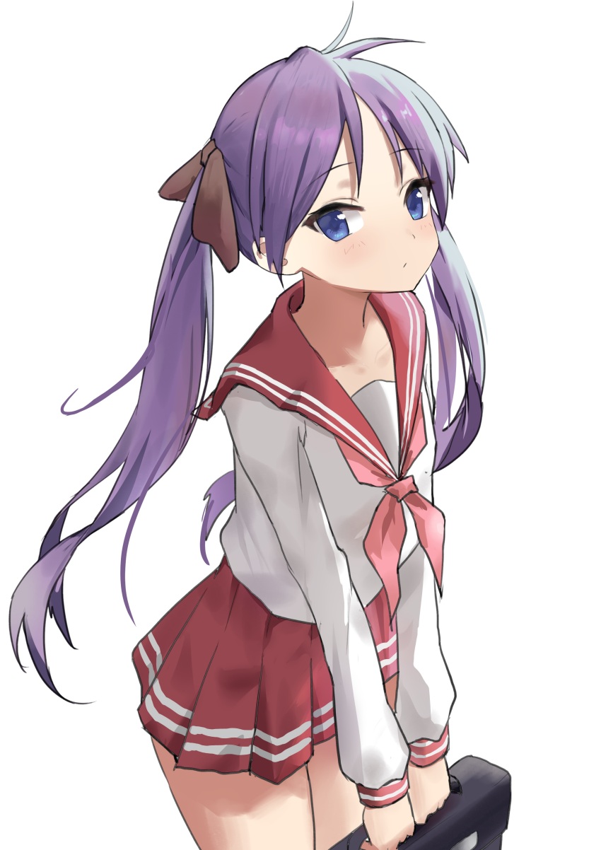 1girl, absurdres, bag, closed_mouth, dot_nose, female_focus, highres, hiiragi_kagami, holding, holding_school_bag, legs, long_hair, long_sleeve_shirt, looking_at_viewer, lucky_star, purple_hair, red_sailor_collar, sailor_collar, school_bag, school_uniform, serafuku, solo, standing, yoruciel