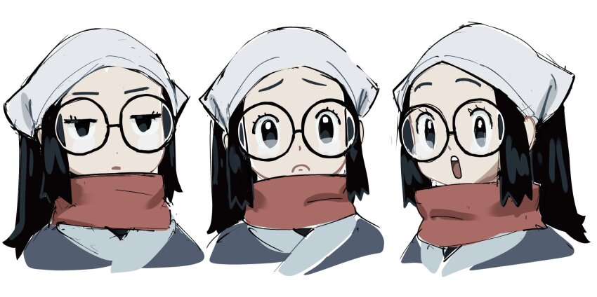 1girl, akari_(pokemon), black-framed_eyewear, black_eyes, black_hair, closed_mouth, d:, frown