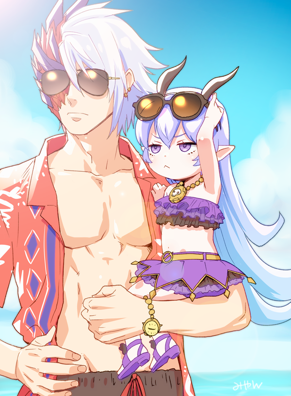 1boy, 1girl, :<, adjusting_eyewear, alternate_costume, bikini, black_male_swimwear, blue_sky, burn_scar, carrying, child_carry, closed_mouth, cloud, collared_shirt, commentary_request, eyewear_on_head, fingernails, frilled_bikini, frills, full_body, grey_horns, hair_between_eyes, hell_(ragnarok_masters), horizon, horns, jewelry, jormungandr_(ragnarok_masters), long_bangs, long_hair, looking_afar, male_swimwear, miyan_(shamigame), necklace, ocean, open_clothes, open_shirt, pectorals, pointy_ears, purple_bikini, purple_hair, ragnarok_masters, ragnarok_online, red_shirt, scar, scar_on_face, shirt, short_hair, signature, sky, sunglasses, swimsuit, upper_body, very_long_hair, white_hair