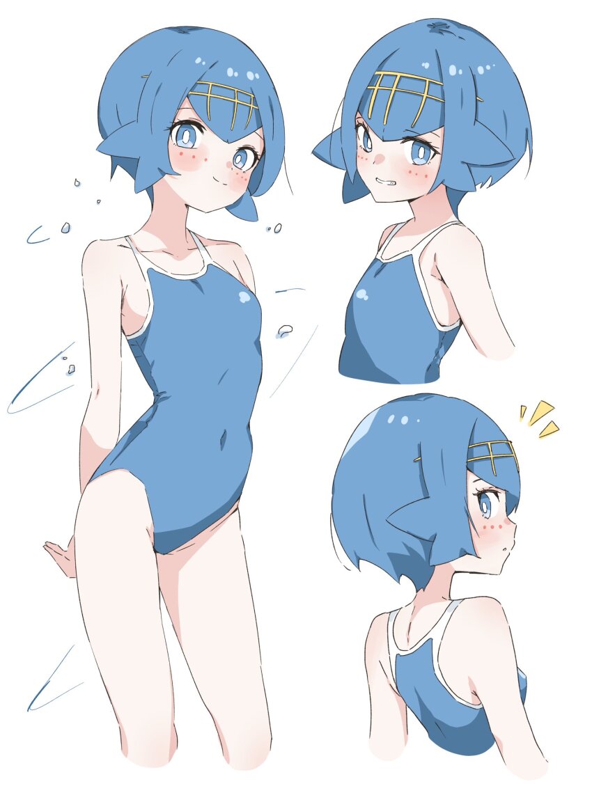 1girl, blue_eyes, blue_hair, blue_one-piece_swimsuit, blush, bright_pupils, closed_mouth, collarbone, commentary_request, eyelashes, grin, hairband, highres, lana_(pokemon), looking_back, monmon_(monmon_k18), multiple_views, nintendo, notice_lines, one-piece_swimsuit, pokemon, pokemon_sun_and_moon, short_hair, smile, swimsuit, teeth, water_drop, white_background, white_pupils, yellow_hairband
