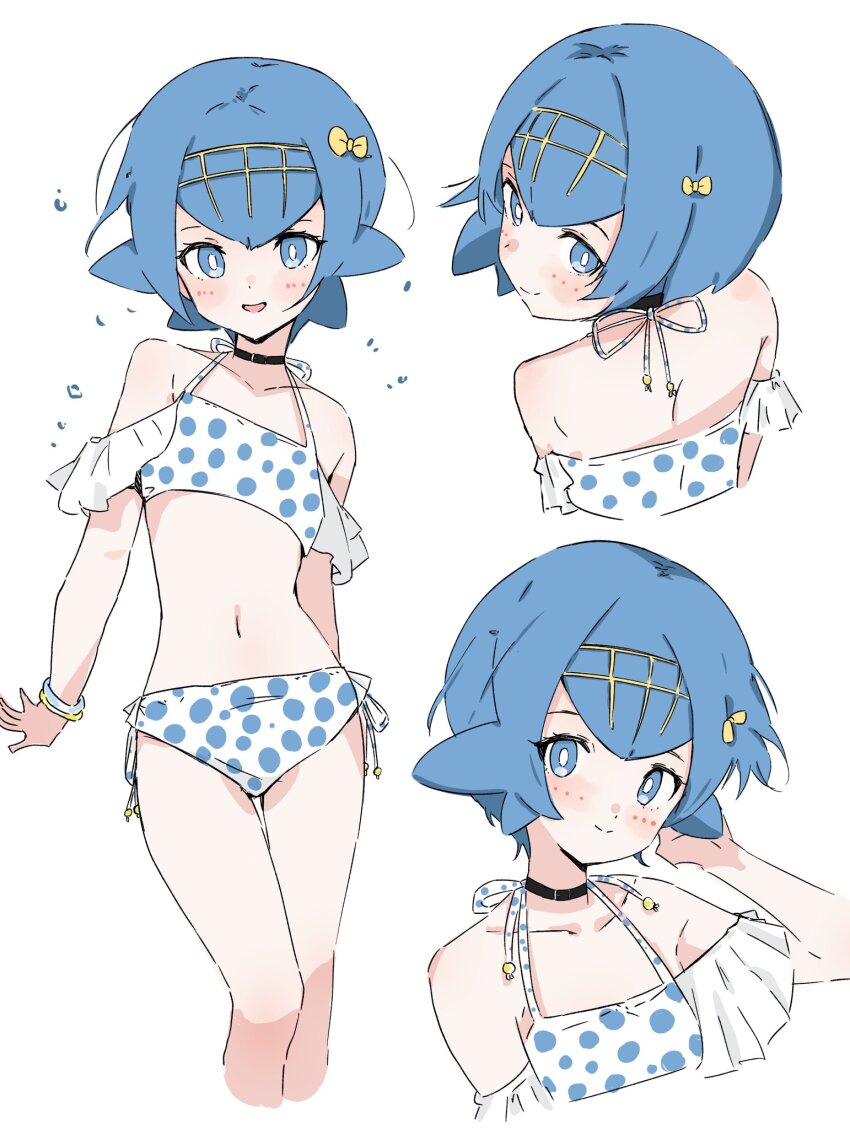 1girl, alternate_costume, bikini, black_choker, blue_eyes, blue_hair, blush, bow, bracelet, bright_pupils, choker, collarbone, commentary_request, eyelashes, hair_bow, hairband, hand_up, head_tilt, highres, jewelry, lana_(pokemon), looking_at_viewer, midriff, monmon_(monmon_k18), multiple_views, nintendo, open_mouth, pokemon, pokemon_sun_and_moon, polka_dot, polka_dot_swimsuit, short_hair, shoulder_blades, side-tie_bikini_bottom, smile, swimsuit, white_background, white_bikini, white_pupils, yellow_bow, yellow_hairband