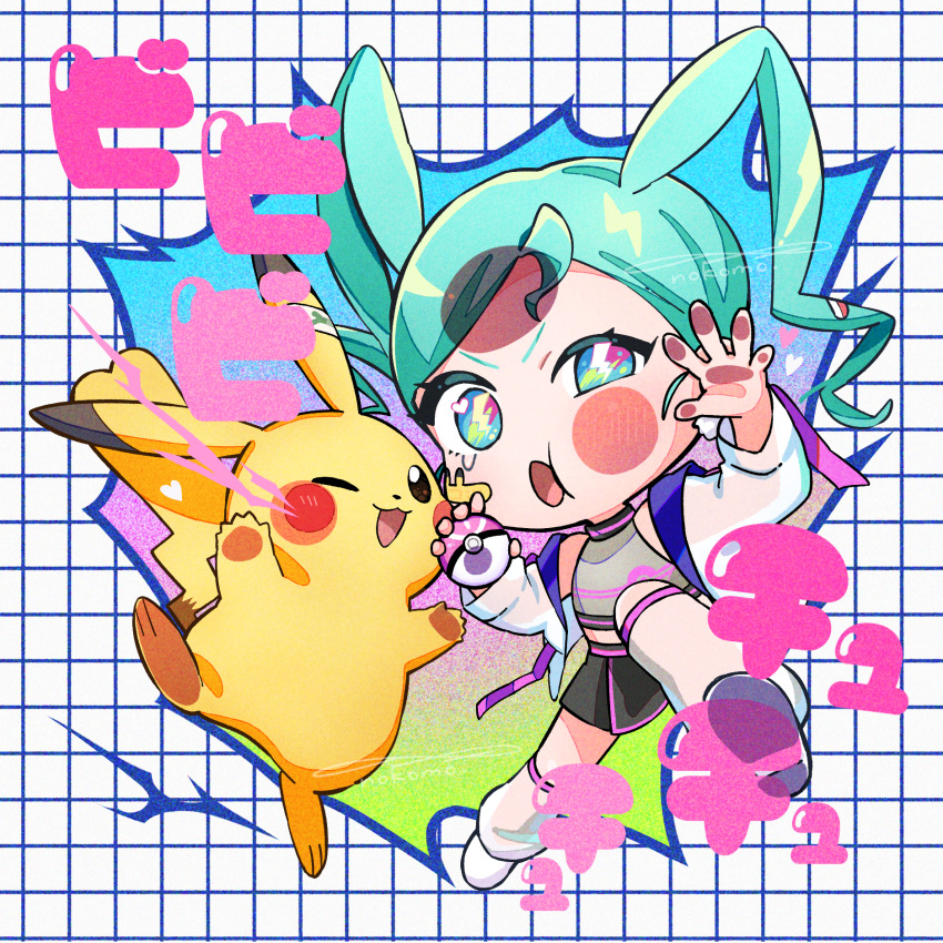 1girl, :o, aqua_eyes, aqua_hair, bandaid, bare_shoulders, chibi, earrings, electricity, full_body, gen_1_pokemon, grid_background, hatsune_miku, highres, holding, holding_poke_ball, jacket, jewelry, lightning_bolt-shaped_pupils, lightning_bolt_symbol, love_ball, nintendo, nokomo, one_eye_closed, open_clothes, open_jacket, pikachu, poke_ball, pokemon, pokemon_(creature), project_voltage, signature, symbol-shaped_pupils, tears, vocaloid, volt_tackle_(vocaloid), white_jacket