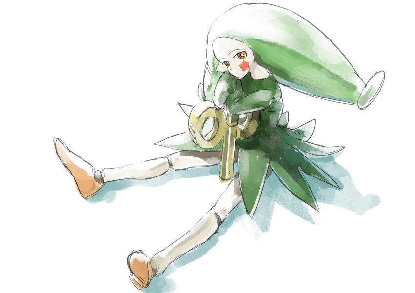 1girl, bright_pupils, crayon_shin-chan, doll_joints, dress, facial_mark, full_body, green_dress