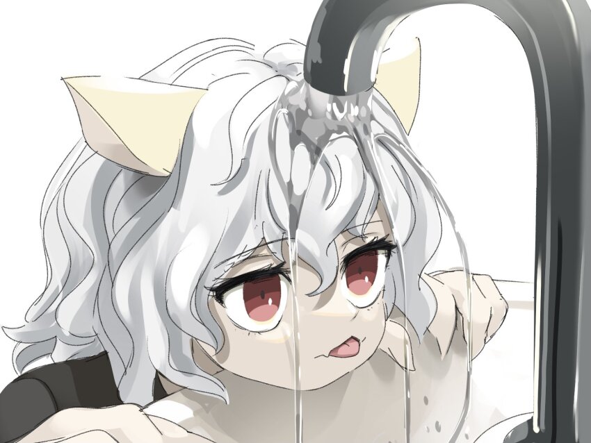1other, animal_ears, cat_ears, fangs, fingernails, grey_hair, hair_between_eyes, highres, hunter_x_hunter, neferpitou, open_mouth, red_eyes, sharp_fingernails, short_hair, simple_background, sink, skin_fangs, solo, tenshinhannnn, tongue, tongue_out, water, white_background