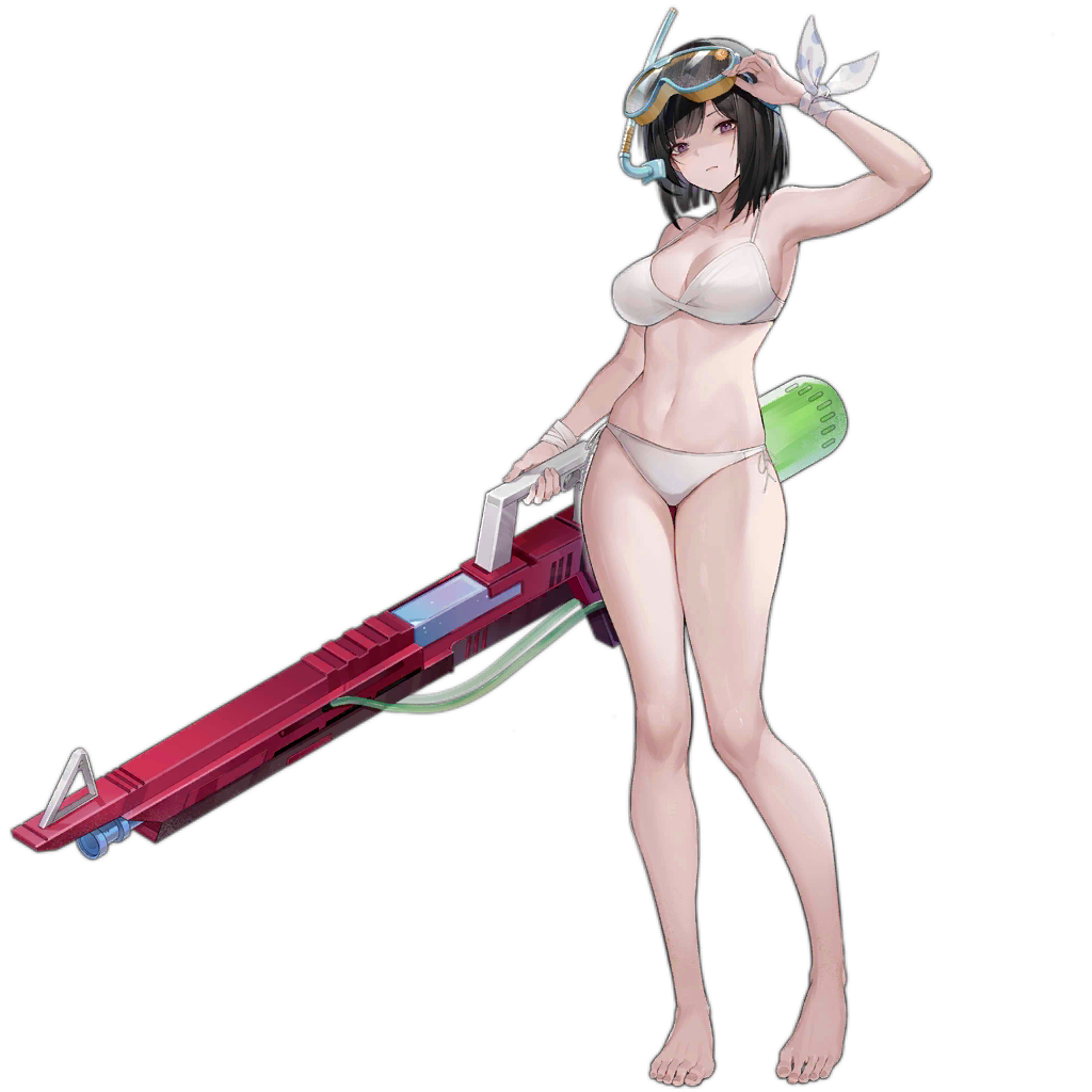 1girl, adjusting_goggles, artist_request, barefoot, bikini, black_hair, breasts, cleavage, closed_mouth, feet, full_body, girls'_frontline, goggles, goggles_on_head, holding, holding_water_gun, large_breasts, legs, looking_at_viewer, official_alternate_costume, official_art, paradeus, purple_eyes, ribbon, rodelero_(girls'_frontline), short_hair, side-tie_bikini_bottom, simple_background, snorkel, solo, super_soaker, swimsuit, third-party_source, toenails, toes, transparent_background, water_gun, white_bikini, white_ribbon, wrist_ribbon