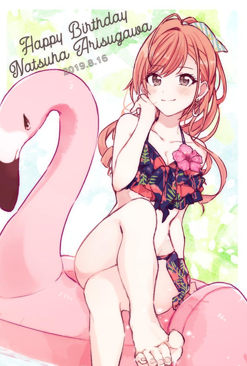 1girl, ahoge, arisugawa_natsuha, bare_shoulders, barefoot, bikini, blue_bikini, blush, bow, breasts, brown_eyes, character_name, cleavage, closed_mouth, collarbone, crossed_legs, dot_nose, earrings, floral_print, flower, frilled_bikini, frills, green_ribbon, hair_bow, hair_ribbon, hand_on_own_cheek, hand_on_own_face, hand_up, happy, happy_birthday, hoop_earrings, idolmaster, idolmaster_shiny_colors, inflatable_raft, jewelry, knee_up, large_breasts, long_hair, looking_at_viewer, miyama_okara, multicolored_background, orange_hair, pink_flower, print_bikini, ribbon, sitting, smile, solo, splashing, striped_ribbon, swept_bangs, swimsuit, toenails, toes, water