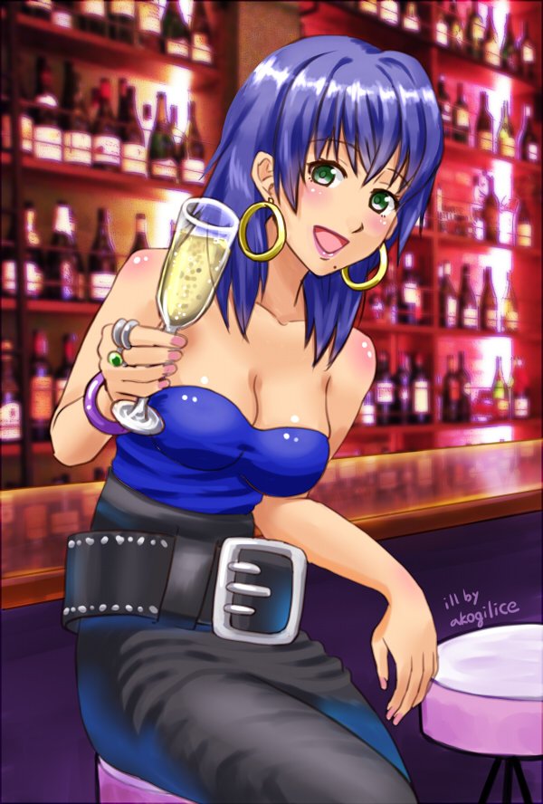 1girl, akogi, alcohol, arc_the_lad, arc_the_lad_ii, bare_shoulders, belt, breasts