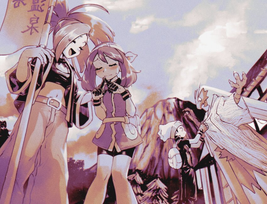 1boy, 2girls, absurdres, backpack, bag, bandana, belt, bike_shorts, black_shorts, blaziken, blush, brendan_(pokemon), closed_eyes, fangs, fanny_pack, flag, flannery_(pokemon), funabara_(sksn_herb), gen_3_pokemon, gloves, hat, highres, index_fingers_together, may_(pokemon), midriff, multiple_girls, navel, nintendo, open_mouth, pants, pokemon, pokemon_(creature), pokemon_adventures, shirt, shorts, sleeveless, sleeveless_shirt