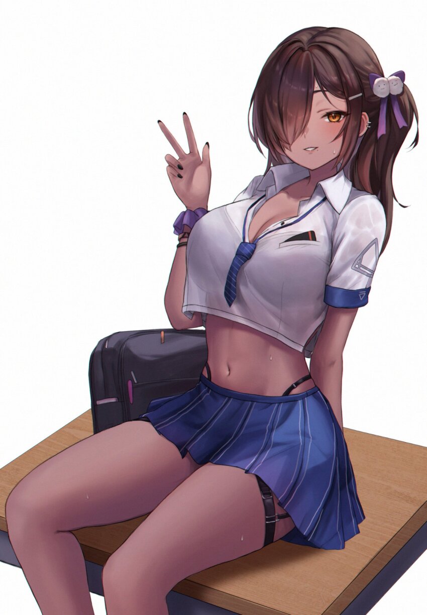 1girl, bag, bead_bracelet, beads, black_choker, blue_necktie, blue_skirt, bracelet