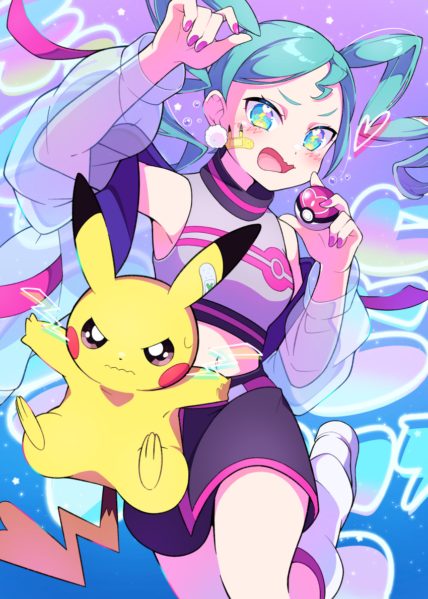 1girl, absurdres, aqua_eyes, aqua_hair, bare_shoulders, belt, blush, earrings, gen_1_pokemon, hatsune_miku, heart, highres, holding, jacket, jewelry, lightning, lightning_bolt-shaped_pupils, lightning_bolt_symbol, love_ball, nail_polish, nintendo, open_clothes, open_jacket, open_mouth, outline, pikachu, pink_belt, pink_nails, poke_ball, pokemon, pokemon_(creature), pon_yui, project_voltage, shirt, sleeveless, symbol-shaped_pupils, twintails, vocaloid, volt_tackle_(vocaloid), wavy_eyes, wavy_mouth, white_jacket