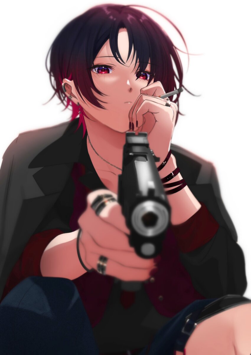 1girl, black_hair, black_jacket, cigarette, closed_mouth, commission, ear_piercing, gun