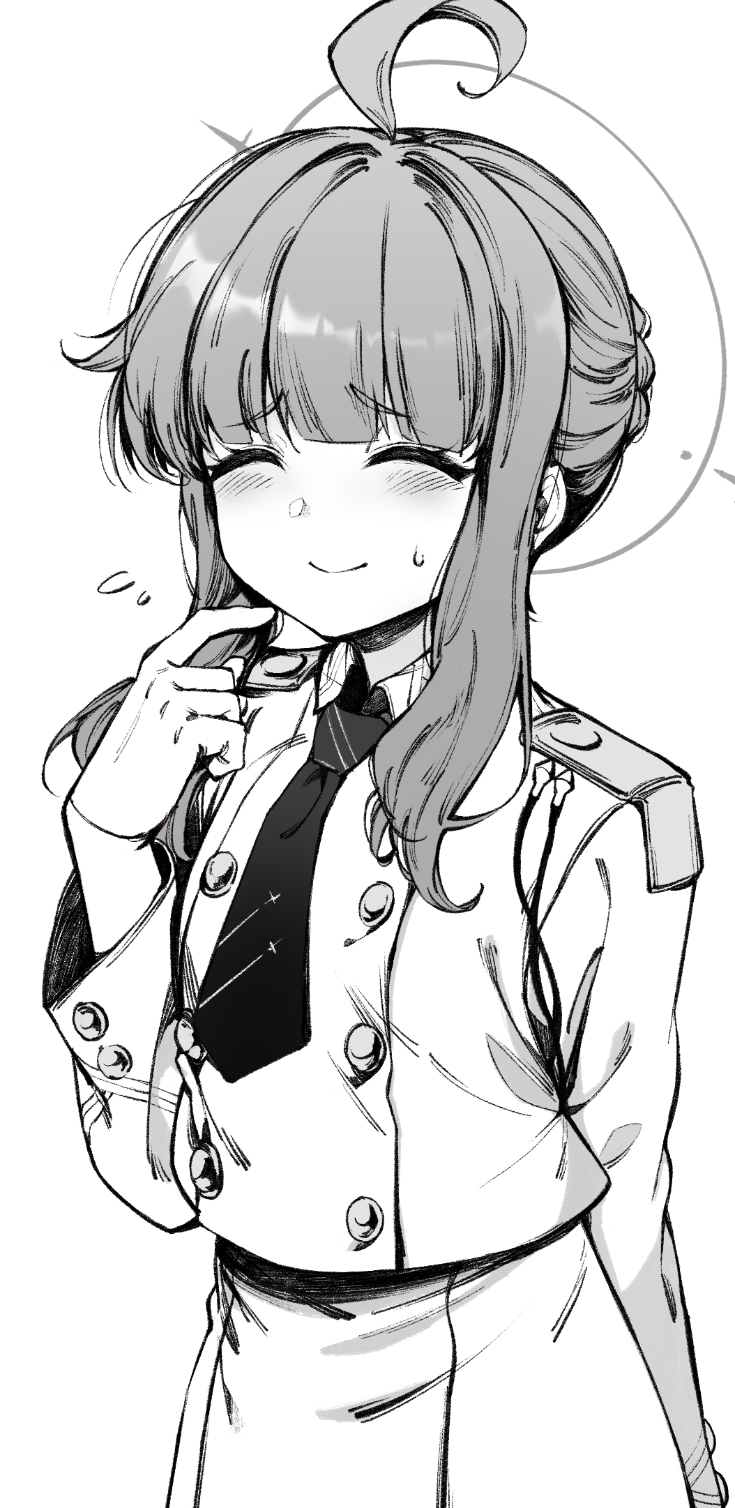 1girl, ^_^, ahoge, arm_at_side, blue_archive, blush, breasts, buttons