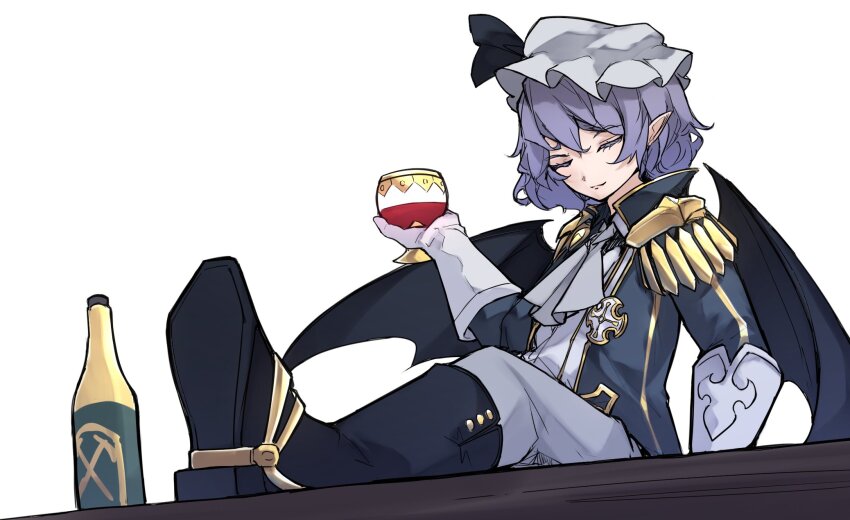 1girl, ace_attorney, alternate_costume, ascot, barok_van_zieks, barok_van_zieks_(cosplay), bat_wings, black_boots, black_ribbon, boots, bottle, chiroru_(cheese-roll), closed_eyes, closed_mouth, commentary, cosplay, english_commentary, gloves, grey_ascot, hat, hat_ribbon, highres, holding_grass, mob_cap, pointy_ears, purple_hair, remilia_scarlet, ribbon, short_hair, simple_background, solo, the_great_ace_attorney, touhou, white_background, white_gloves, white_hat, wings