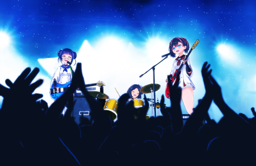 3girls, ai_grandia, amplifier, arm_warmers, audience, bare_legs, bass_guitar, black_hair