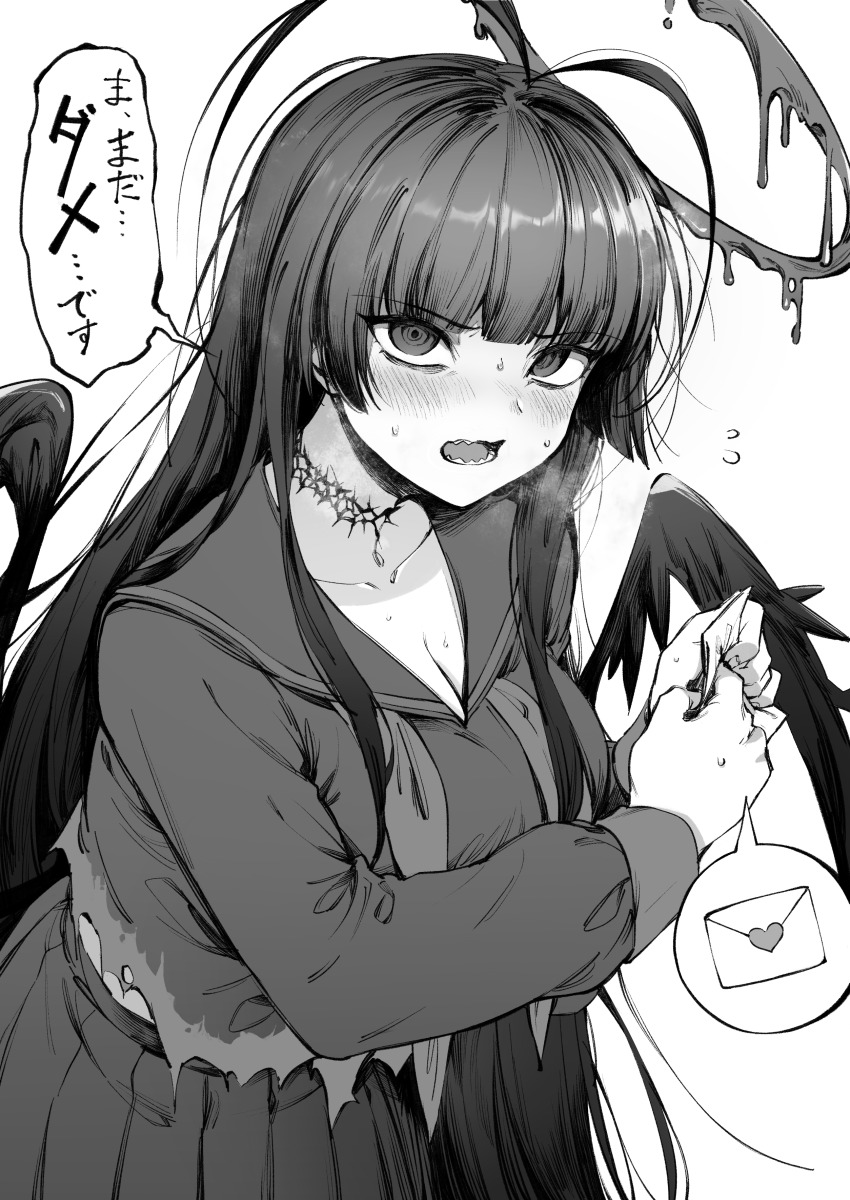 1girl, absurdres, antenna_hair, bags_under_eyes, blue_archive, blush, breasts, breath, cleavage, embarrassed, envelope, flying_sweatdrops, greyscale, halo, highres, holding, holding_envelope, large_breasts, letter, long_hair, long_sleeves, love_letter, monochrome, nervous_sweating, nihudau, open_mouth, sailor_collar, shirt, skirt, solo, speech_bubble, spoken_object, sweat, torn_clothes, torn_shirt, translation_request, tsurugi_(blue_archive), upper_body, wavy_mouth, wings