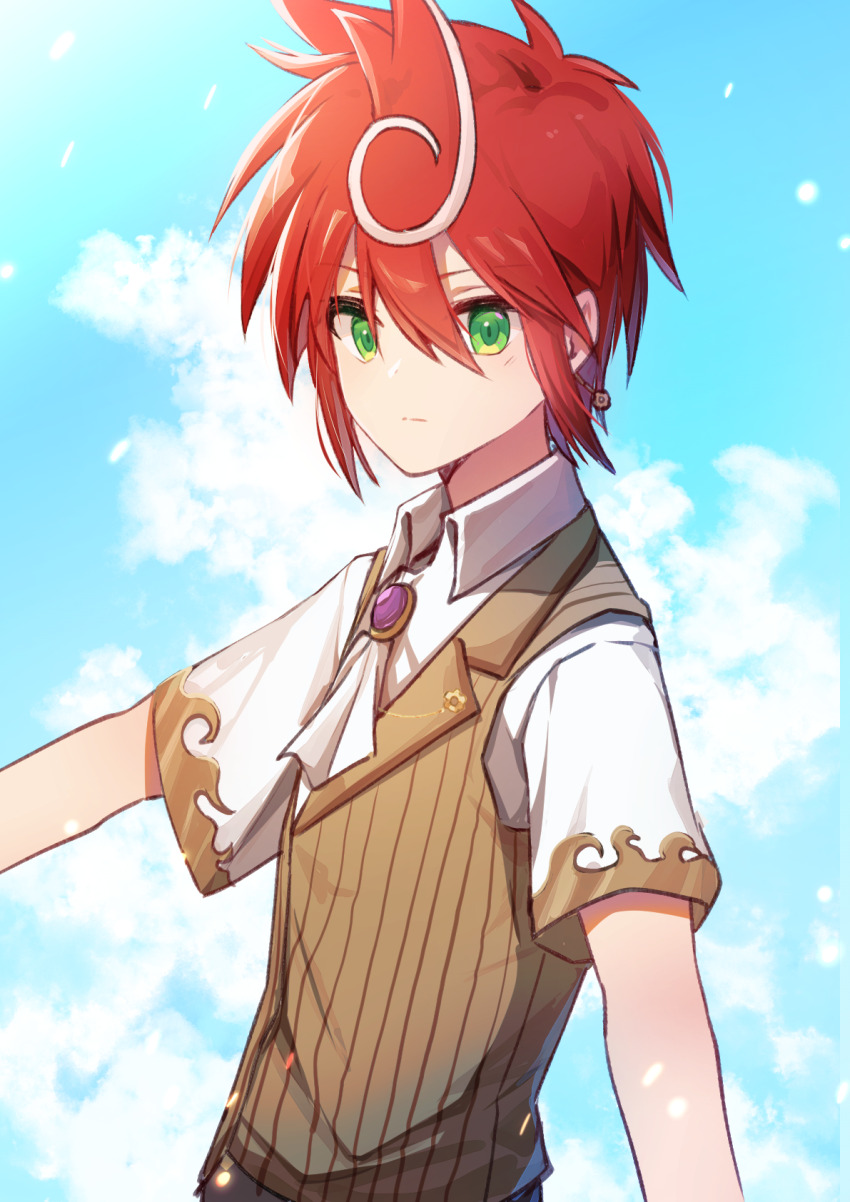 1boy, ascot, blue_sky, brooch, brown_vest, cardfight!!_vanguard, cardfight!!_vanguard_g, cloud
