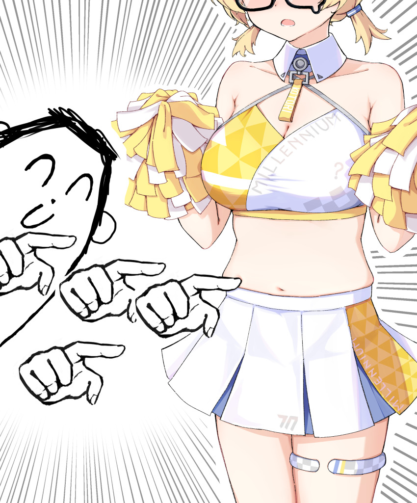 1girl, ?, absurdres, blonde_hair, blue_archive, blue_skirt, blush, breasts