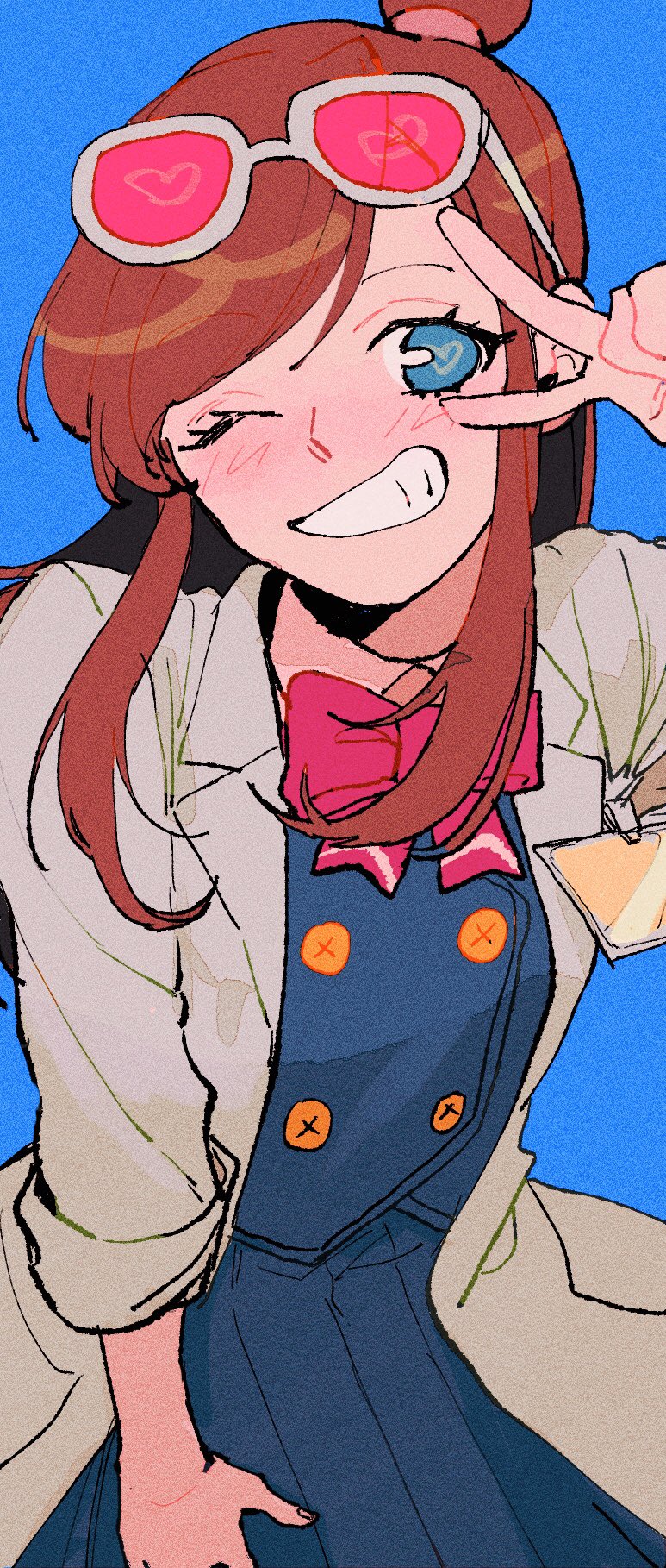 1girl, ace_attorney, aqua_eyes, arm_at_side, beachricefield, blue_background, blue_skirt, blue_vest