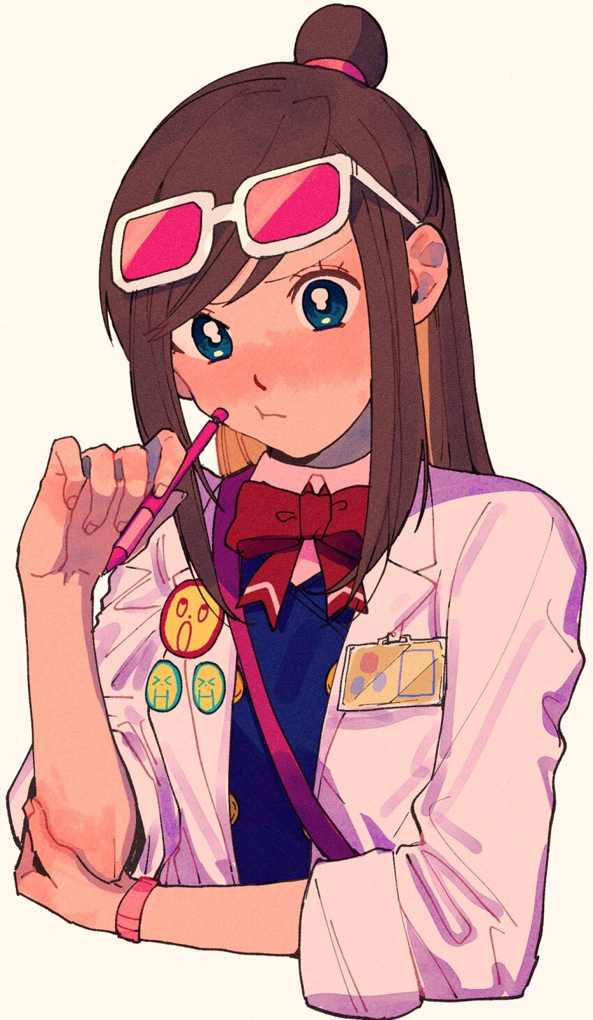 1girl, ace_attorney, aqua_eyes, badge, beachricefield, blue_vest, blush, bow, bowtie, brown_hair, button_badge, buttons, coat, collared_shirt, cropped_torso, double-breasted, ema_skye, eyewear_on_head, hand_up, highres, holding, holding_pen, lapels, long_hair, looking_at_viewer, name_tag, open_clothes, open_coat, pen, phoenix_wright:_ace_attorney, pink-tinted_eyewear, pink_shirt, red_bow, red_bowtie, shirt, shoulder_strap, simple_background, sleeves_rolled_up, solo, swept_bangs, tinted_eyewear, topknot, upper_body, vest, watch, white-framed_eyewear, white_background, white_coat, wristwatch
