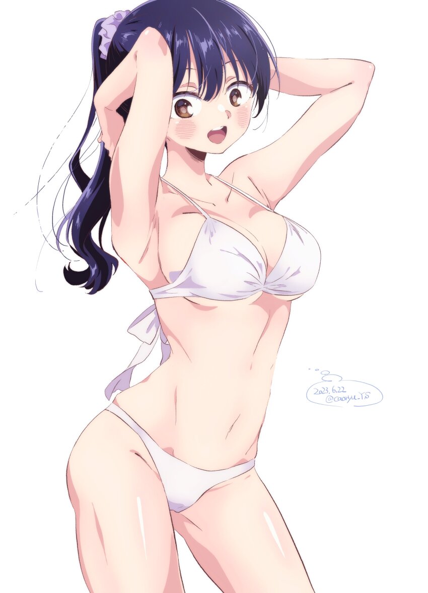 1girl, absurdres, armpits, artistic_error, bikini, blue_hair, blush, boku_no_kokoro_no_yabai_yatsu, breasts, brown_eyes, collarbone, cowboy_shot, dark_blue_hair, dated, groin, hair_ornament, hair_scrunchie, hands_up, highres, kaoryu-kun, large_breasts, long_hair, navel, open_mouth, pink_scrunchie, ponytail, scrunchie, simple_background, solo, swimsuit, teeth, thighs, twitter_username, upper_teeth_only, white_background, white_bikini, yamada_anna