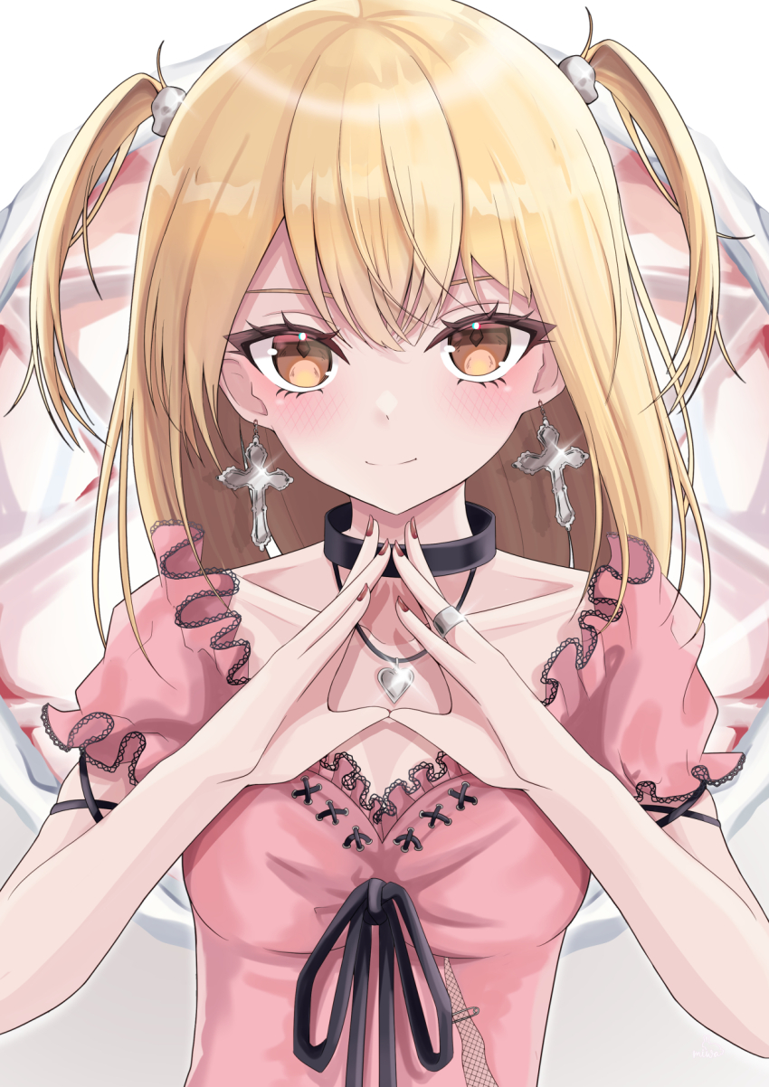 1girl, amane_misa, black_collar, black_ribbon, blonde_hair, brown_eyes, brown_nails, collar