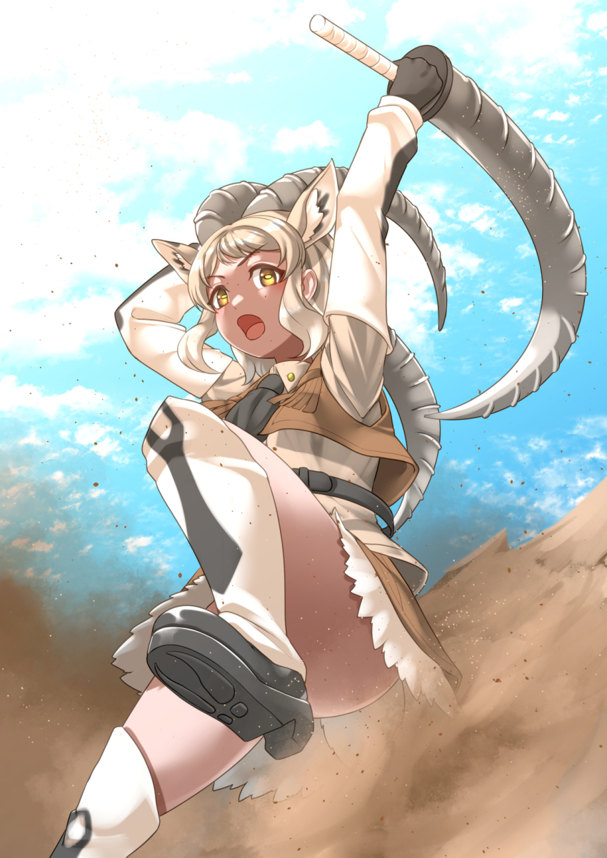 1girl, animal_ear_fluff, animal_ears, arms_up, attack, black_hair, brown_hair, brown_skirt, brown_vest, collared_shirt, day, dual_wielding, dust, extra_ears, fur-trimmed_skirt, fur_trim, gloves, goat_ears, goat_girl, goat_horns, goat_tail, highres, holding, holding_weapon, horizontal_pupils, horns, jumping, kawanami_eito, kemono_friends, kemono_friends_3, layered_sleeves, light_brown_hair, long_sleeves, medium_hair, multicolored_hair, nubian_ibex_(kemono_friends), open_clothes, open_mouth, open_vest, outdoors, over-kneehighs, shirt, shoes, skirt, soles, solo, tail, tan, thighhighs, upskirt, v-shaped_eyebrows, vest, weapon, wing_collar, yellow_eyes