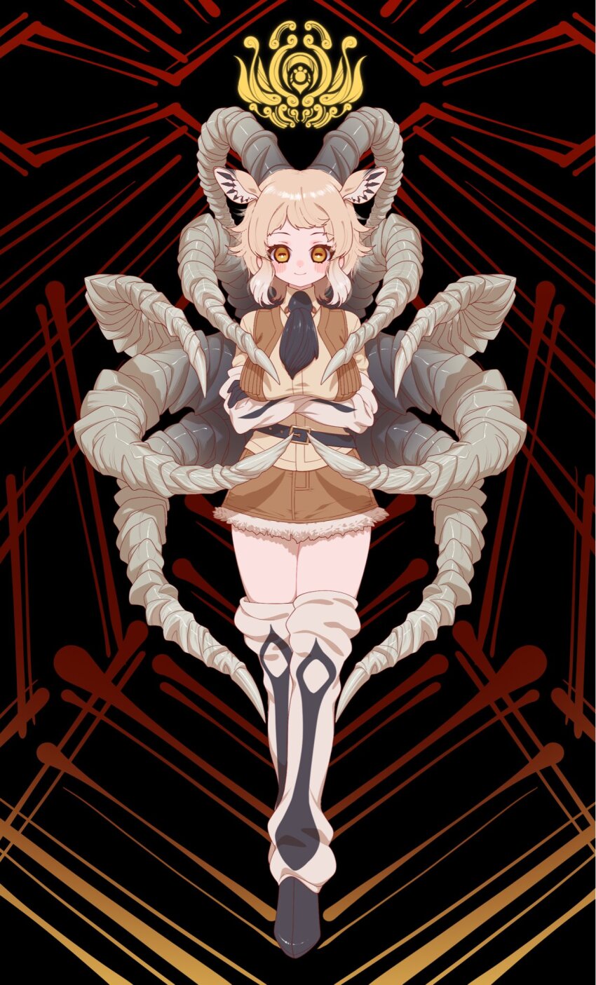 1girl, animal_ears, blush, brown_skirt, brown_vest, closed_mouth, collared_shirt, crossed_arms