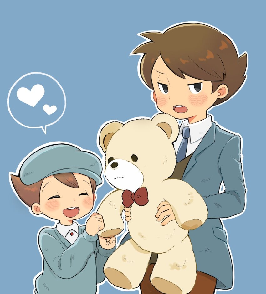 2boys, :d, ^_^, averting_eyes, black_eyes, blue_background, blue_headwear, blue_jacket