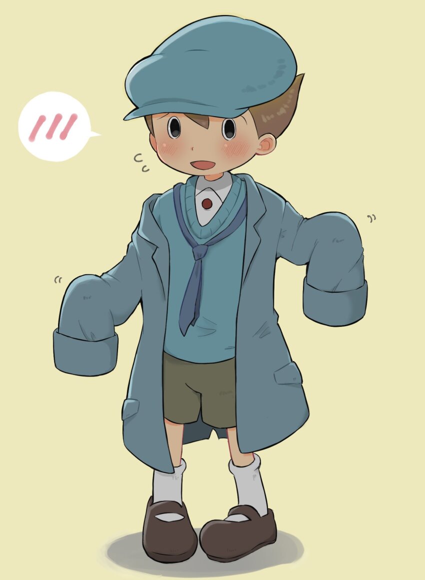 1boy, :d, black_eyes, blue_hat, blue_jacket, blue_necktie, blue_sweater, blush