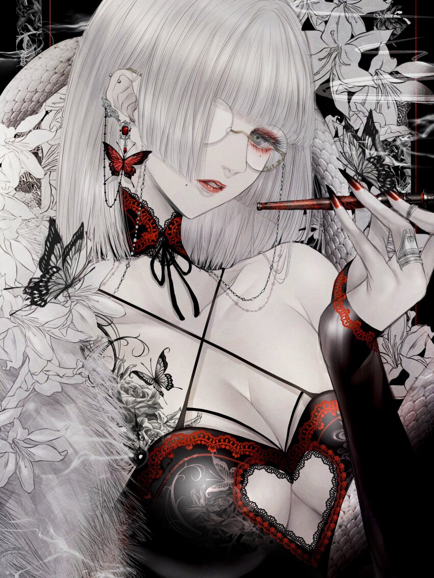 1girl, absurdres, blunt_bangs, breasts, bug, butterfly, butterfly_ornament, chest_tattoo