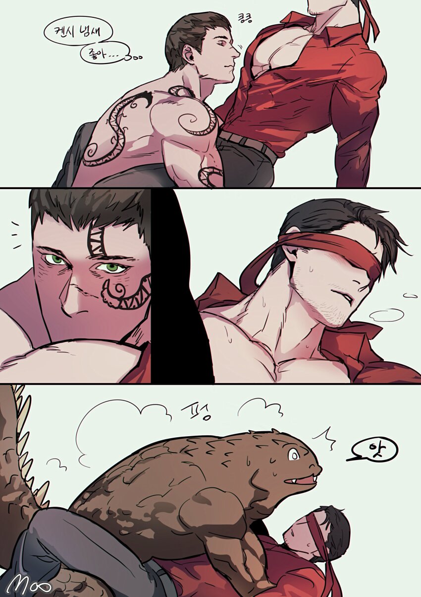 2boys, absurdres, arm_tattoo, artist_name, back_tattoo, bara, black_hair, black_pants, blindfold, covered_eyes, facial_tattoo, green_eyes, highres, kenshi_(mortal_kombat), kenshi_takahashi, large_pectorals, looking_at_another, male_focus, moo_og, mortal_kombat_(series), mortal_kombat_1_(2023), multiple_boys, muscular, muscular_male, pants, pectorals, colored_blindfold, reptile_(mortal_kombat), reptile_boy, short_hair, speech_bubble, tattoo, thought_bubble, topless_male, translation_request, yaoi