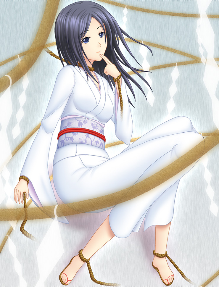 1girl, black_hair, blue_eyes, fatal_frame, fatal_frame_1, female_focus, himuro_kirie, hitoshi_hitoshi, japanese_clothes, kimono, long_hair, rope, shihito_taira, shimenawa, shinto_rope, smile, solo