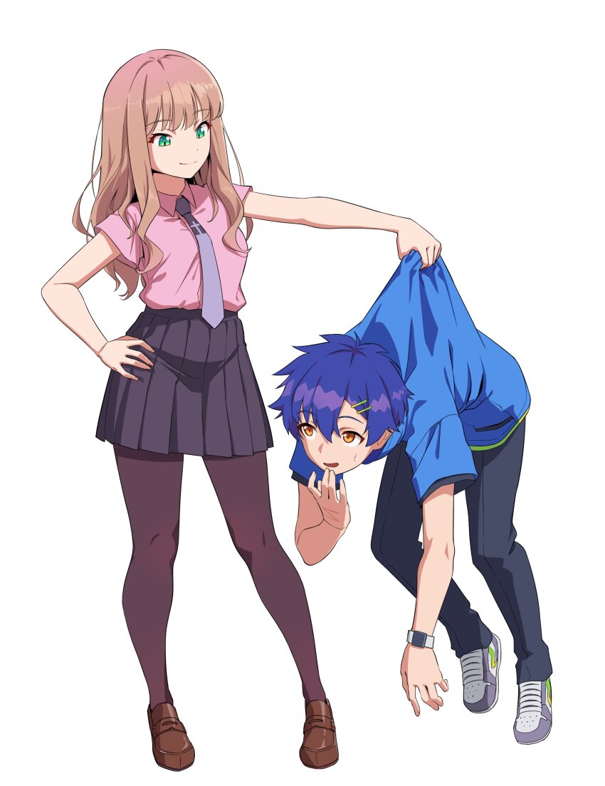 1boy, 1girl, absurdres, asanaka_yomogi, blue_hair, blue_shirt, brown_hair, carrying