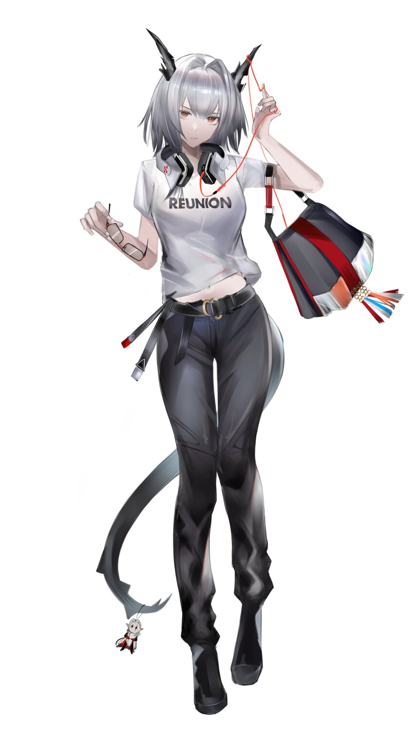 1girl, absurdres, arknights, belt, black_bag, black_belt, black_pants, breasts